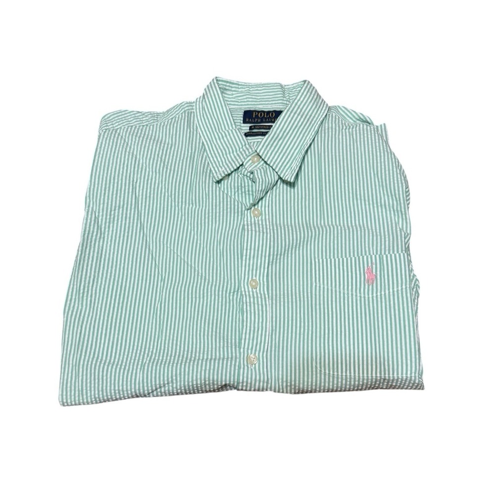 Polo Ralph Lauren Seersucker Shirt XL Mens Green White Stripe Untucked Fit